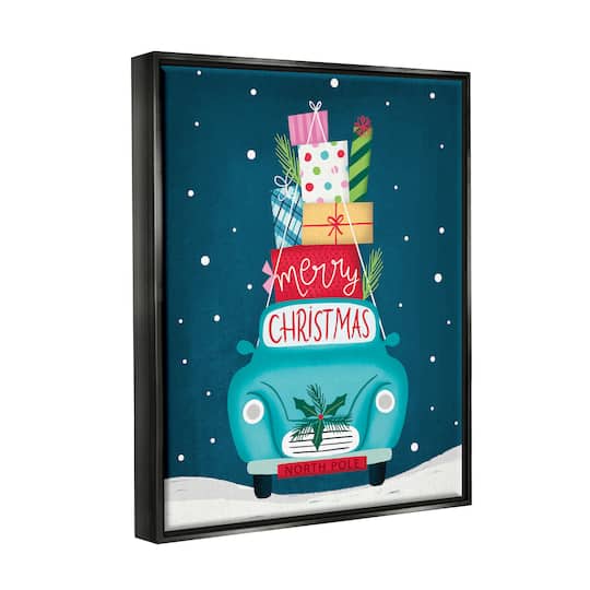 Stupell Industries Merry Christmas Stacked Gifts Car Framed Floater Canvas Wall Art